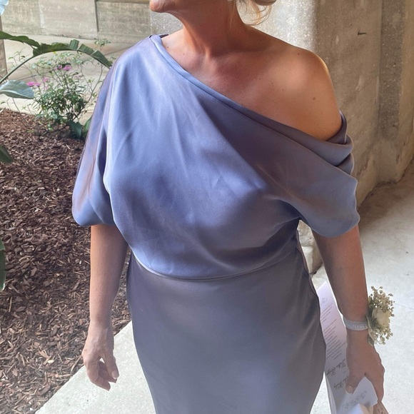 Amsale Slouch Dress - Draped Satin One-Shoulder Gown in Slate - Picture 2 of 4